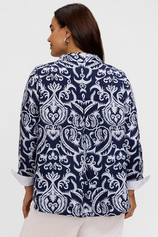 Agnes Plus Printed Damask Long Sleeve Popover Shirt