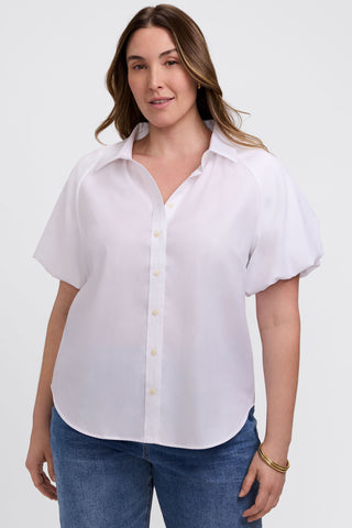Front view of model wearing the Paula Plus Solid Puff Sleeve Shirt #color_white