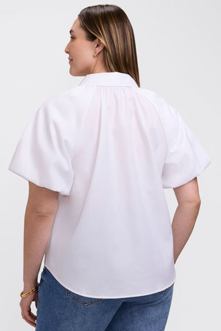 Back view of the Paula Plus Solid Puff Sleeve Shirt #color_white