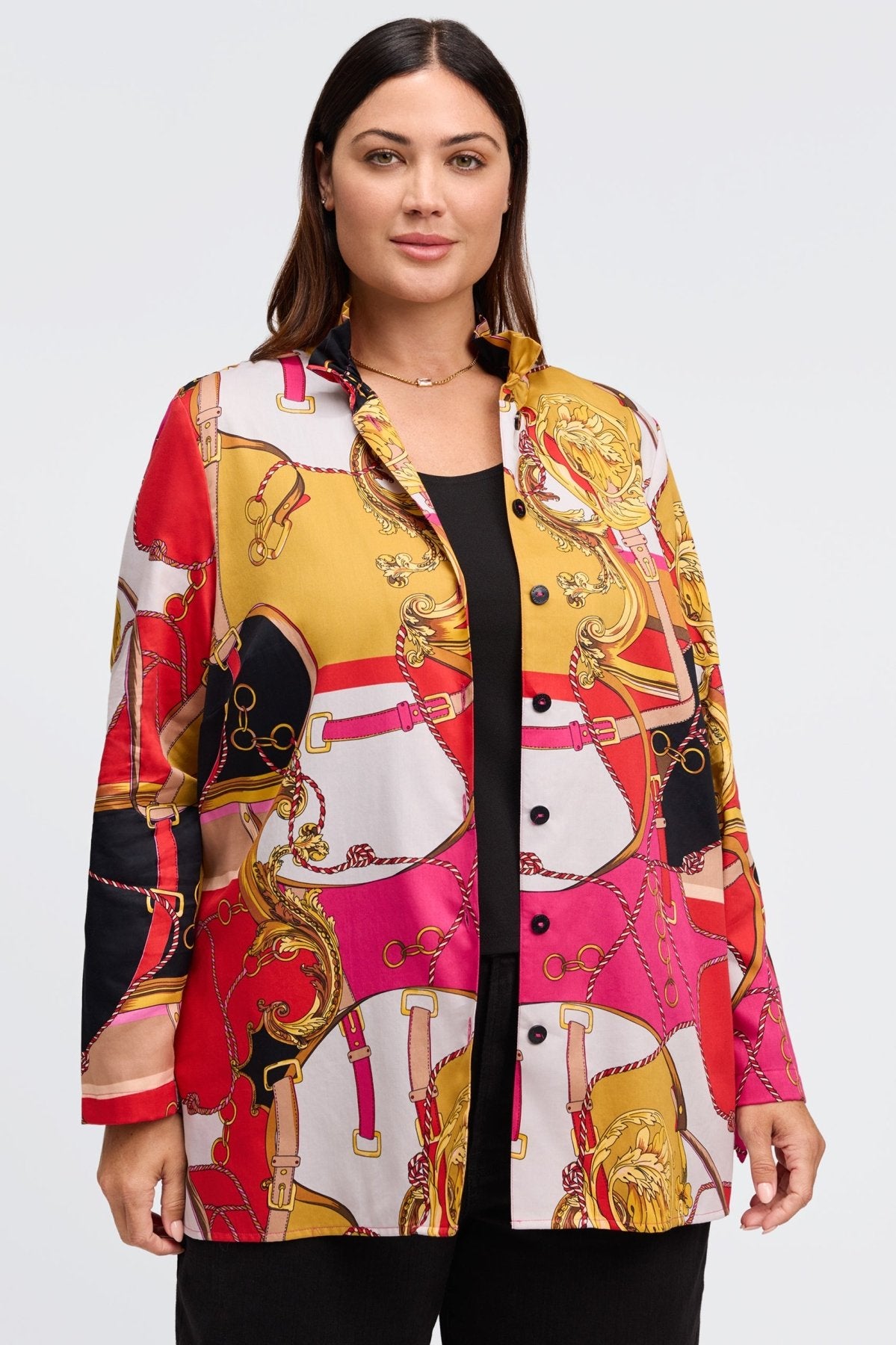 Carolina Plus Buckle Scarf Print Long Sleeve Shirt Jacket