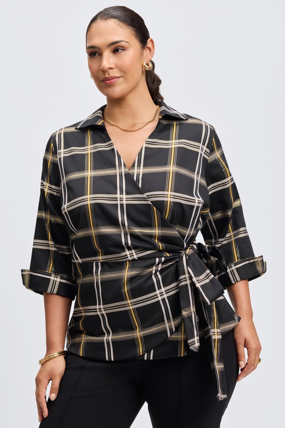 Salina Plus Gold & Silver Lurex Plaid Long Sleeve Shirt
