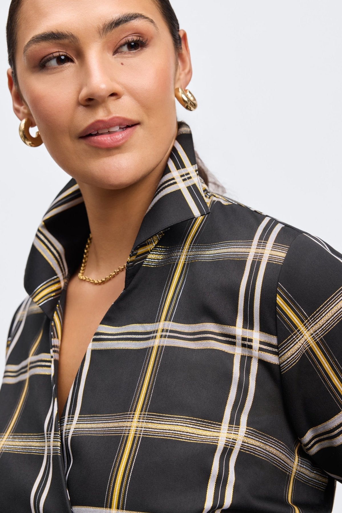 Salina Plus Gold & Silver Lurex Plaid Long Sleeve Shirt