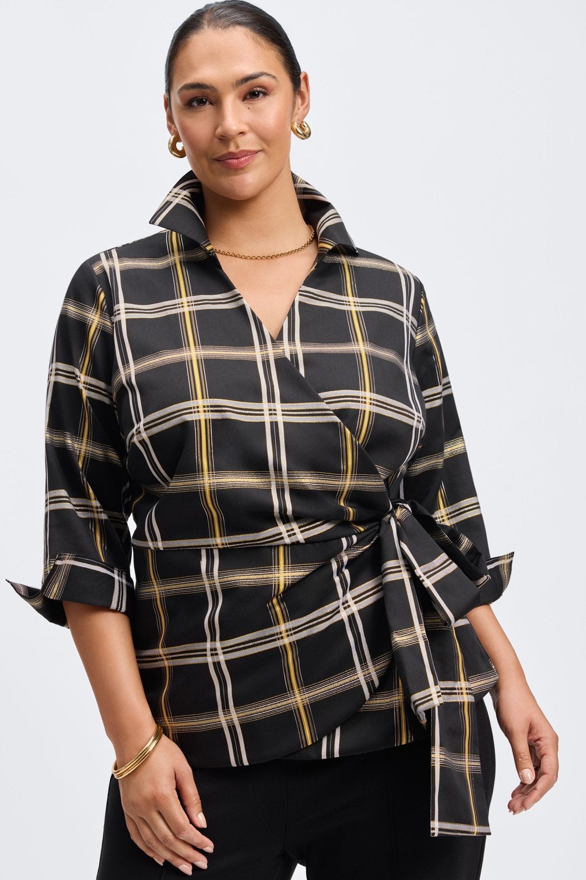 Salina Plus Gold & Silver Lurex Plaid Long Sleeve Shirt