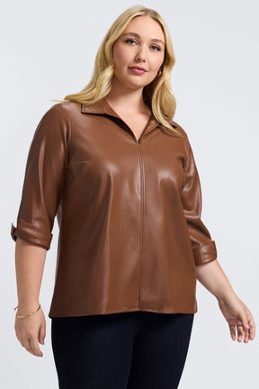 Agnes Plus Vegan Leather 3/4 Sleeve Popover Shirt