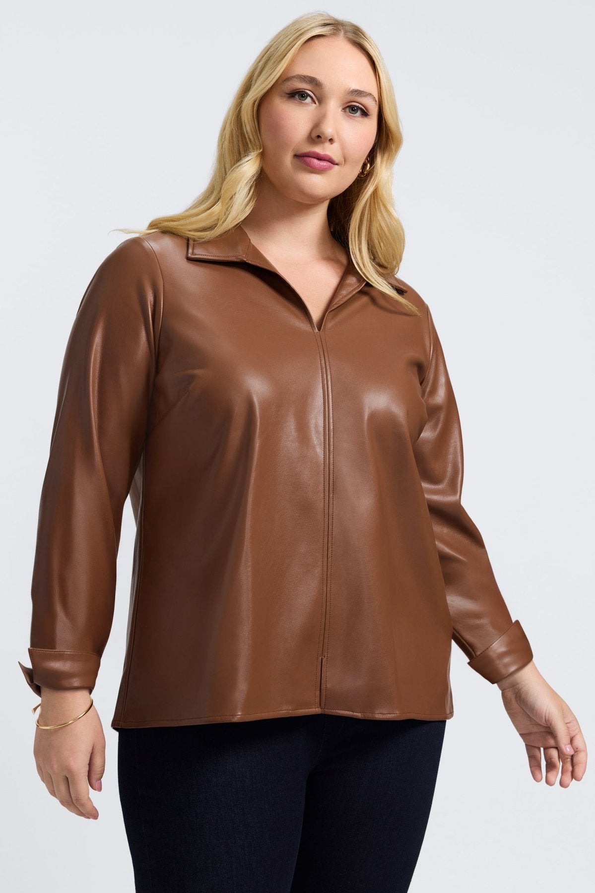 Agnes Plus Vegan Leather Long Sleeve Popover Shirt