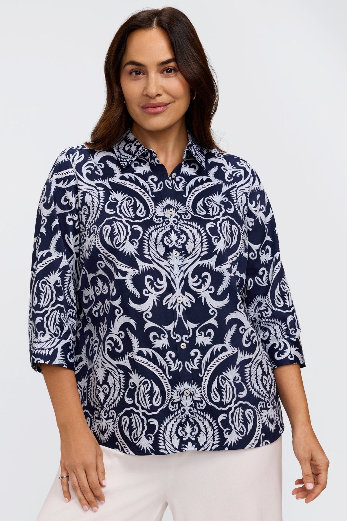 Hampton Plus Printed Damask 3/4 Sleeve Shirt