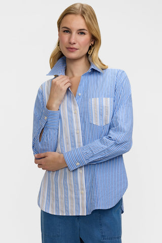 Front view of model wearing the Meghan Pucker Colorblock Long Sleeve Shirt with the collar popped a little 