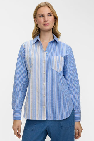 Front view of model wearing the Meghan Pucker Colorblock Long Sleeve Shirt untucked 