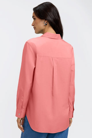 Back view of a woman wearing the Boyfriend Pinpoint Non-Iron Tunic #color_coral reef