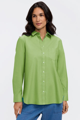Front view of woman wearing the  Boyfriend Pinpoint Non-Iron Tunic #color_mojito