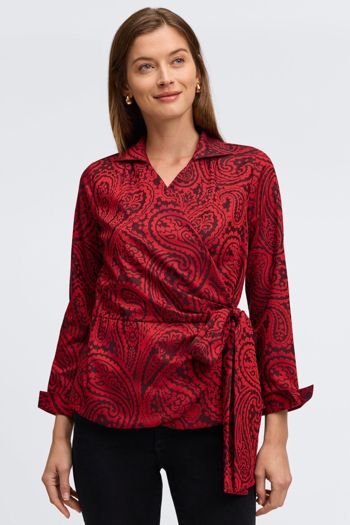 Foxcroft's no-iron shirt  in Red Paisley Jacquard, modeled for versatile fashion.