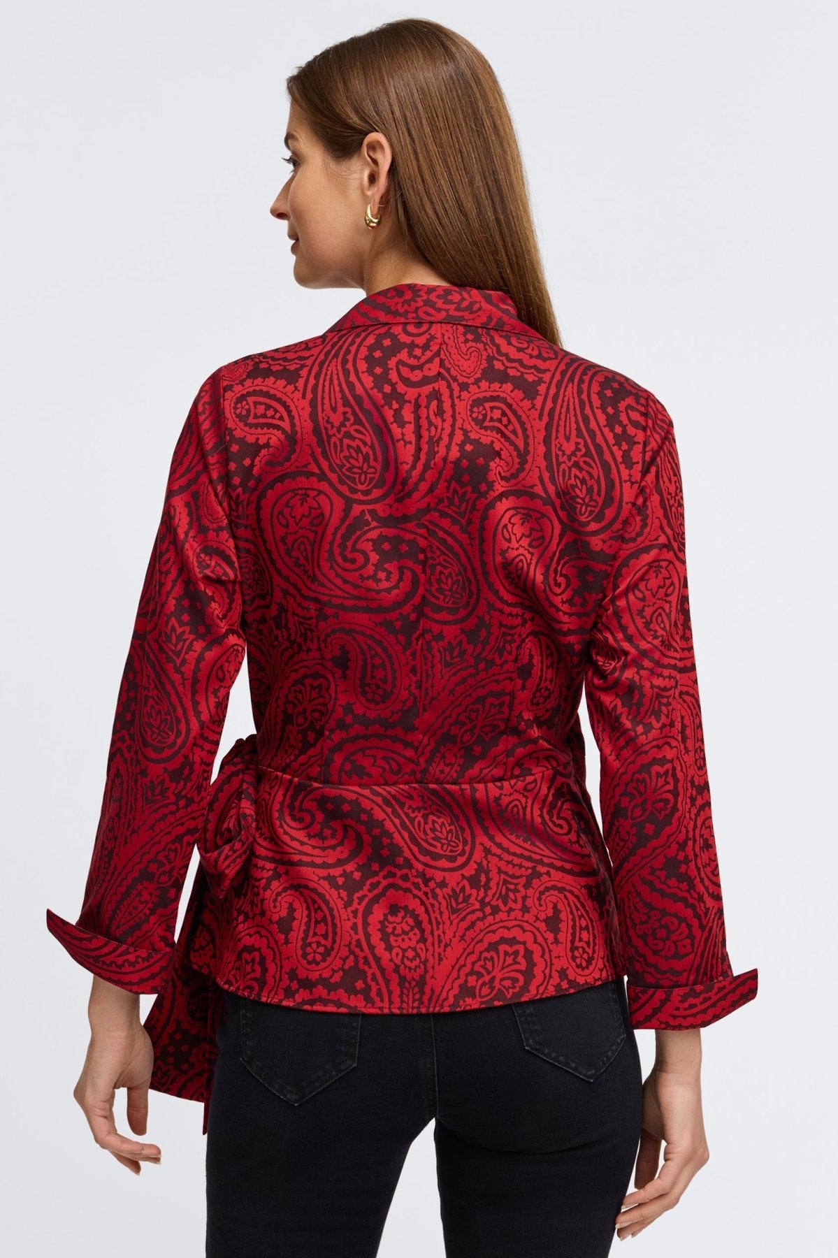 Foxcroft's no-iron shirt  in Red Paisley Jacquard, modeled for versatile fashion.