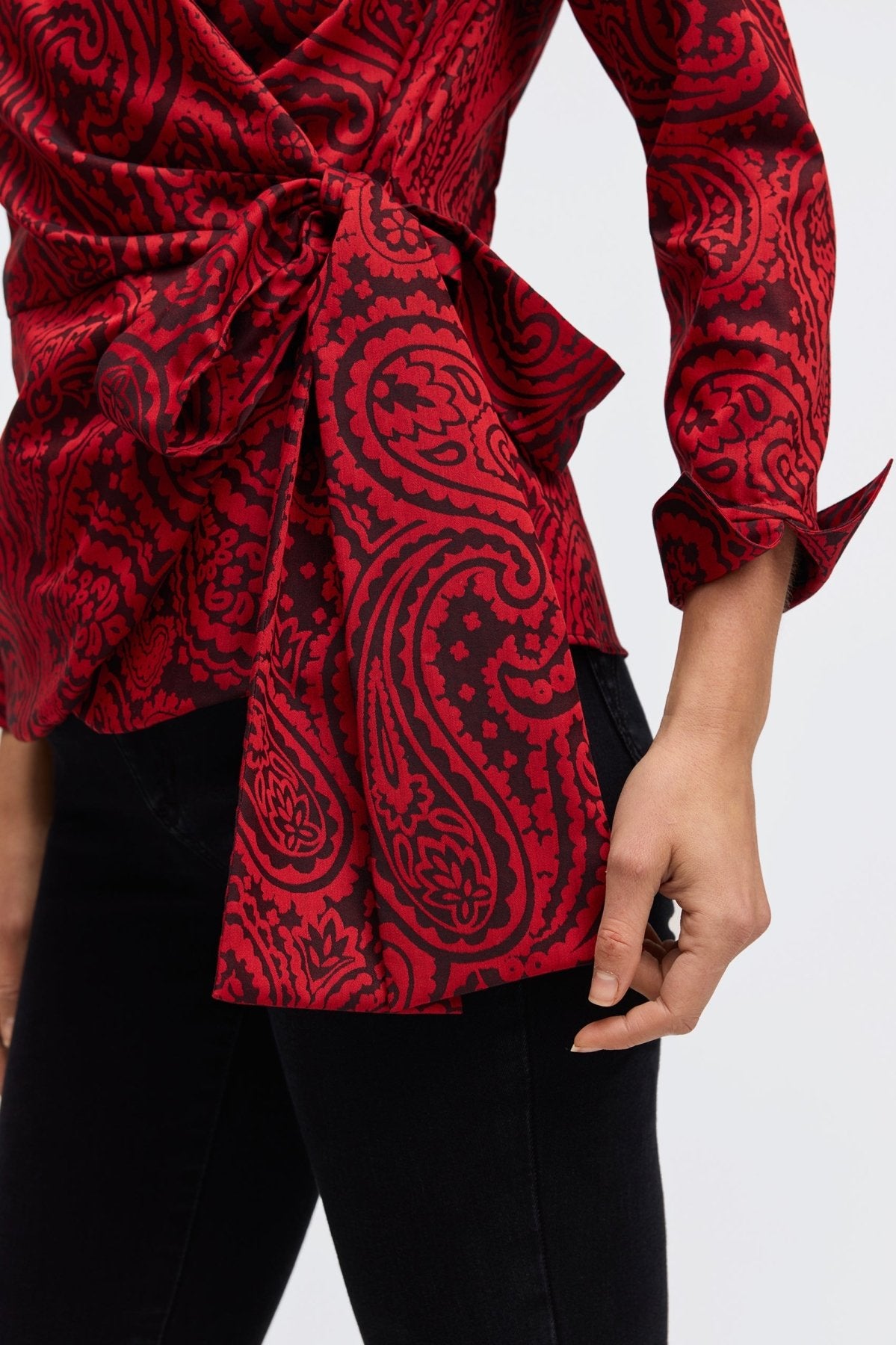 Foxcroft's no-iron shirt  in Red Paisley Jacquard, modeled for versatile fashion.