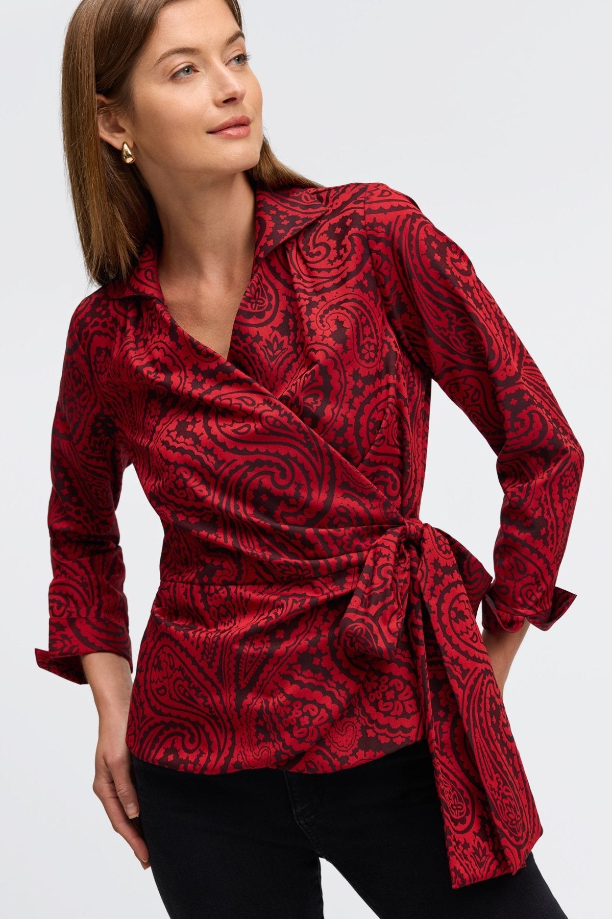 Foxcroft's no-iron shirt  in Red Paisley Jacquard, modeled for versatile fashion.
