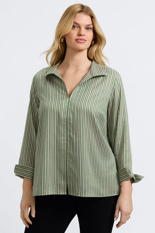 Plus-size Agnes long-sleeve blouse in basil mini stripe print