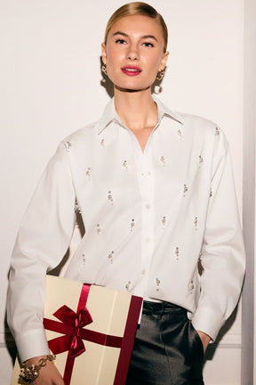 Marina Pearl & Rhinestone Appliqué Long Sleeve Short Shirt
