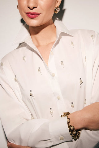 Marina Pearl & Rhinestone Appliqué Long Sleeve Short Shirt