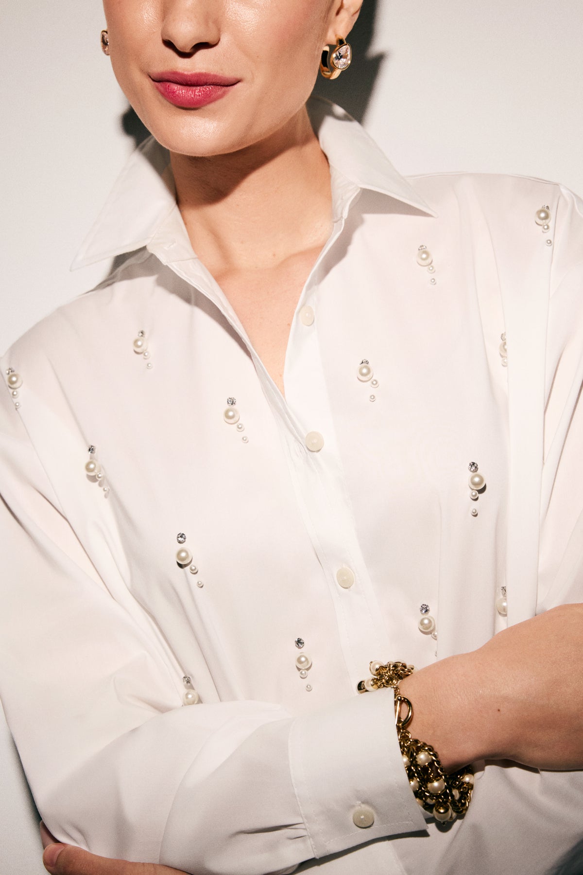 Marina Pearl & Rhinestone Appliqué Long Sleeve Short Shirt