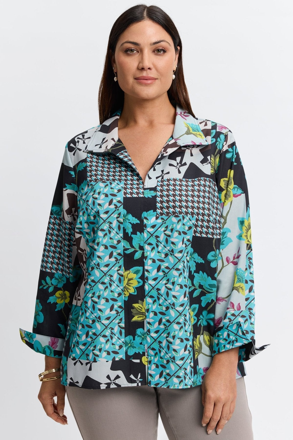 Foxcroft teal multi-print blouse styled for plus-size women with modern design