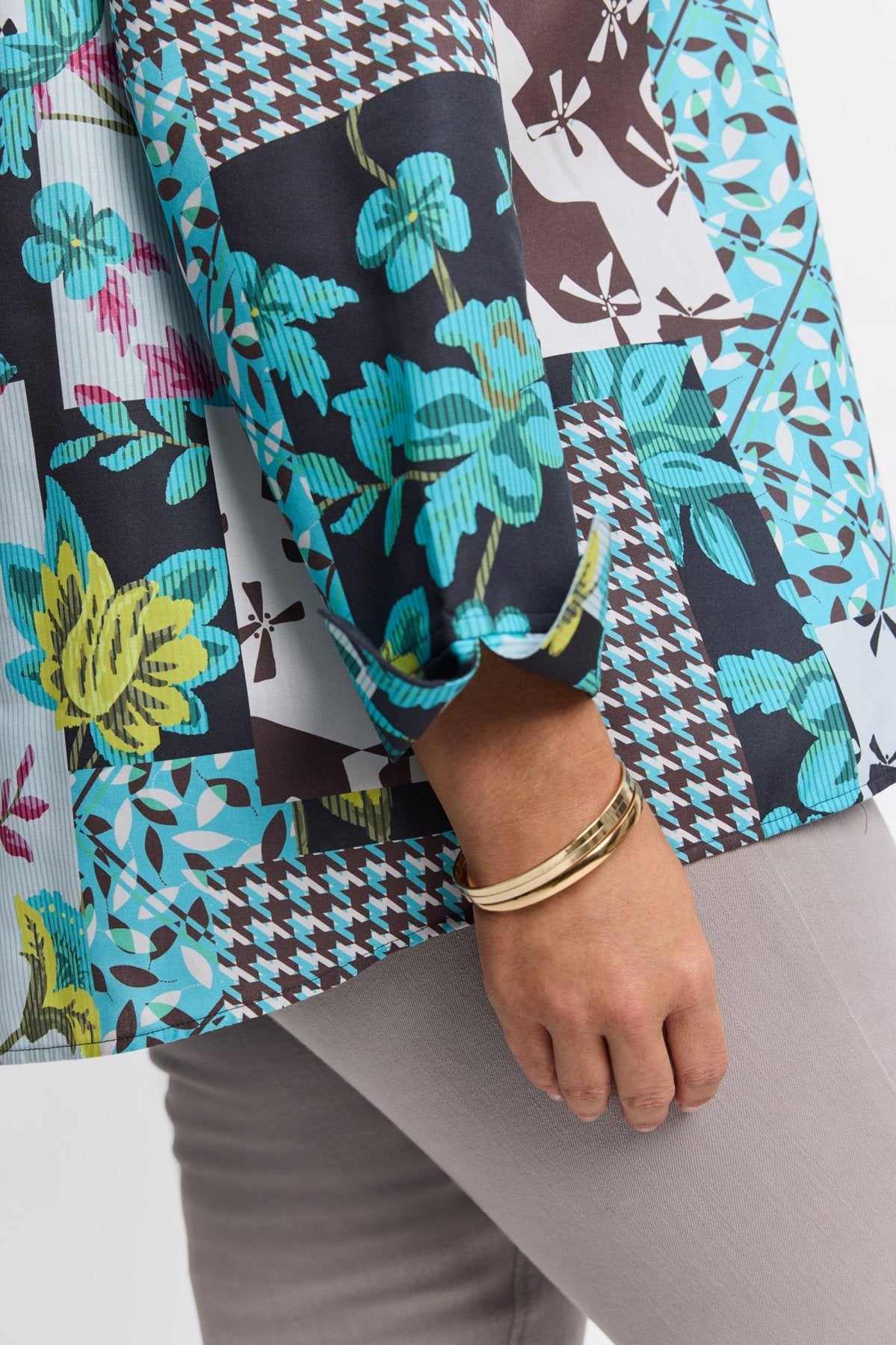 Foxcroft teal multi-print blouse styled for plus-size women with modern design