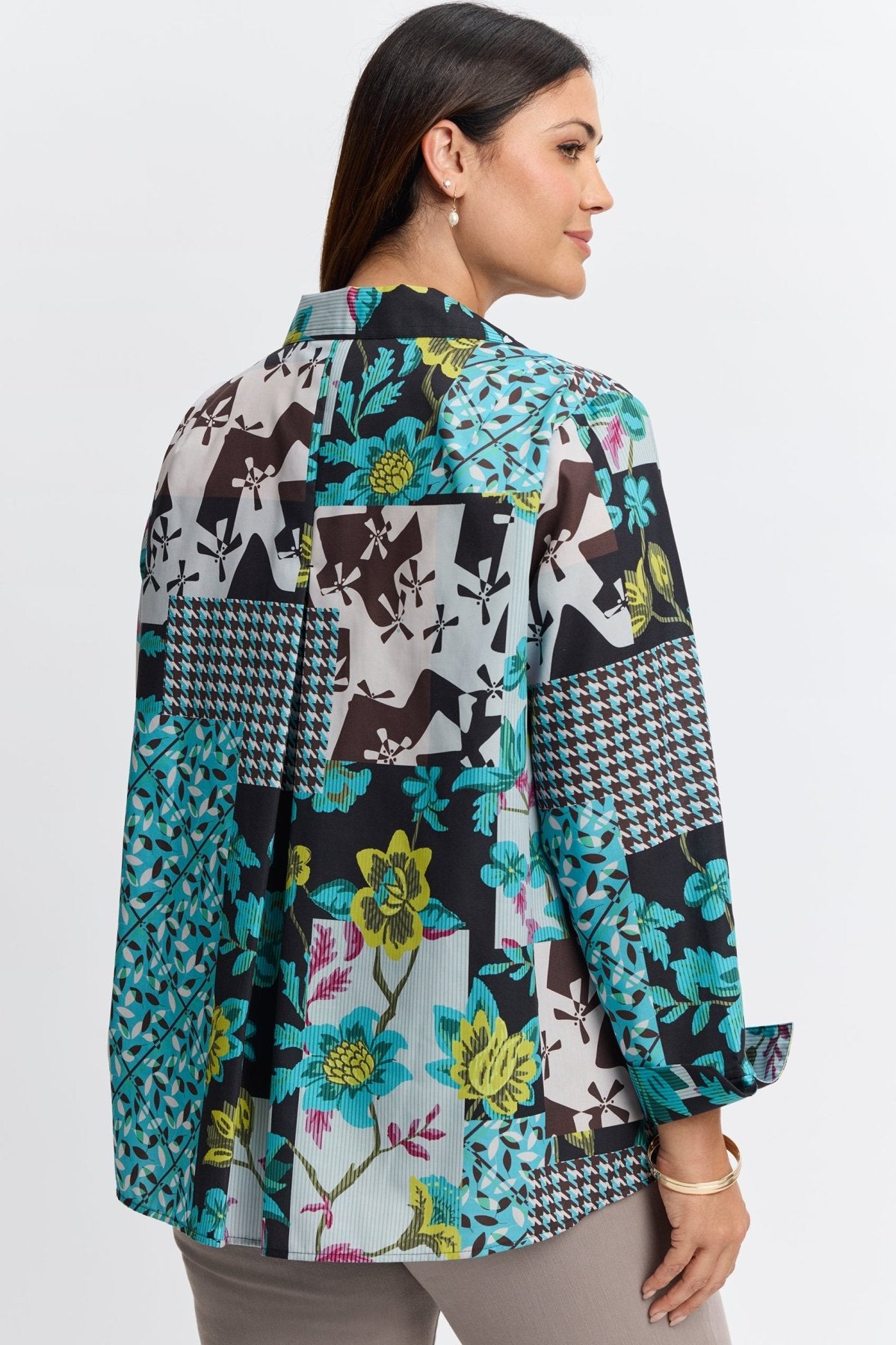 Foxcroft teal multi-print blouse styled for plus-size women with modern design