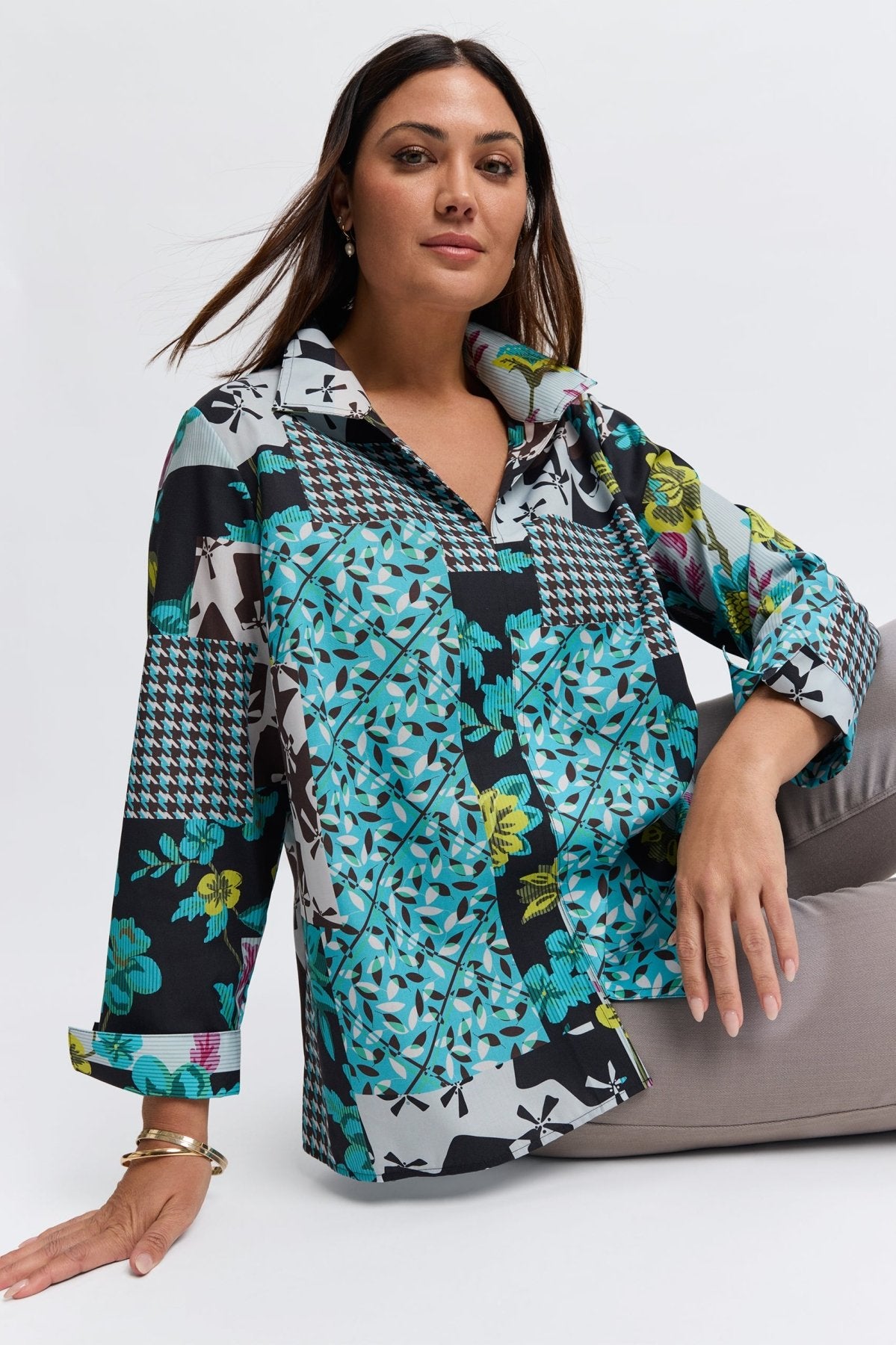 Foxcroft teal multi-print blouse styled for plus-size women with modern design