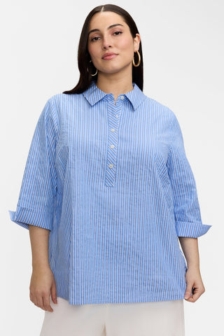 Therese Plus Blue Seersucker 3/4 Sleeve Popover Shirt