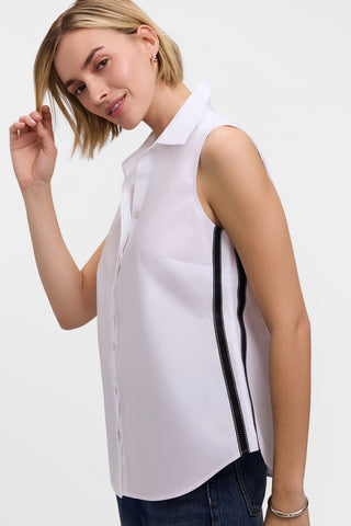 Side view of the Brooke No Iron Pinpoint Sleeveless Tank showing the stripes down the side 