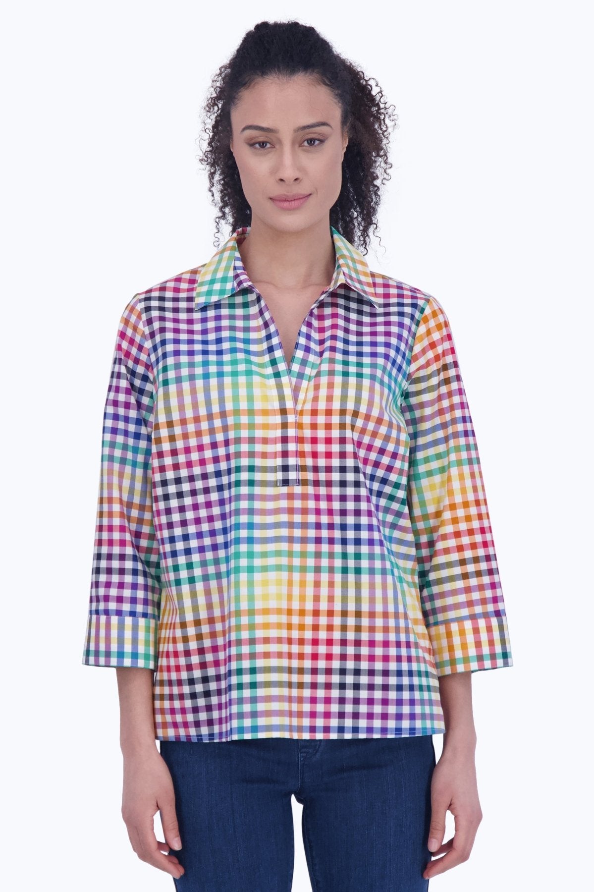 Sophia Rainbow Gingham 3/4 Sleeve Popover Shirt