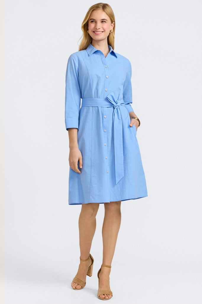 Foxcroft Fiona Seersucker 3/4 Sleeve Dress Lake Blue Seersucker / L Foxcroft Fiona Seersucker 3/4 Sleeve Dress Lake Blue Seersucker / L