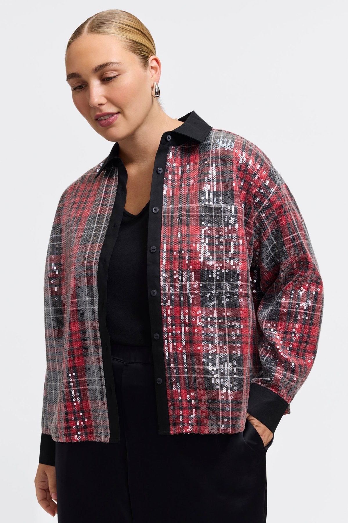 Marina Plus Sequined Long Sleeve Short Shirt