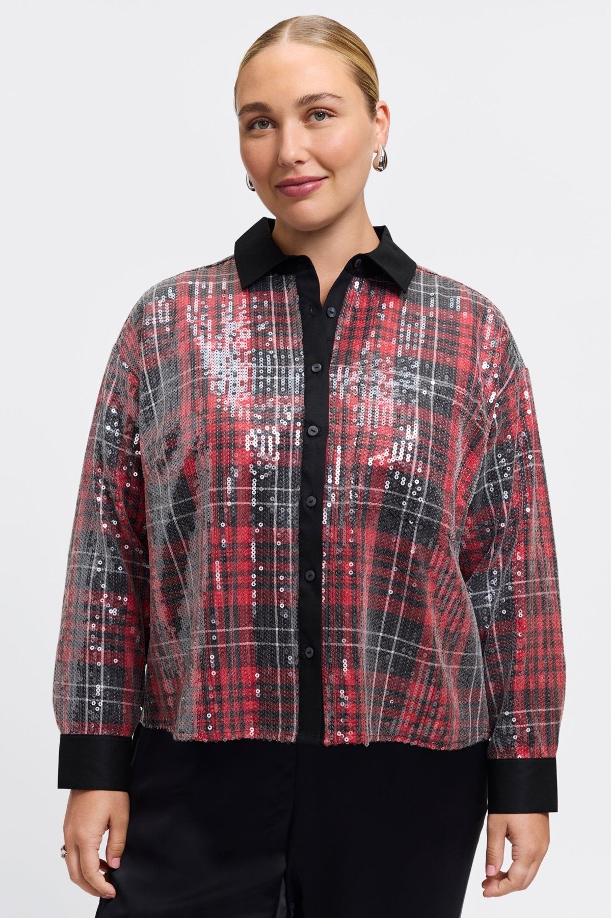 Marina Plus Sequined Long Sleeve Short Shirt