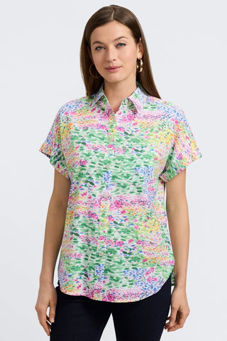 Woman in Foxcroft Abigail floral impression linen shirt, soft texture with vibrant floral print