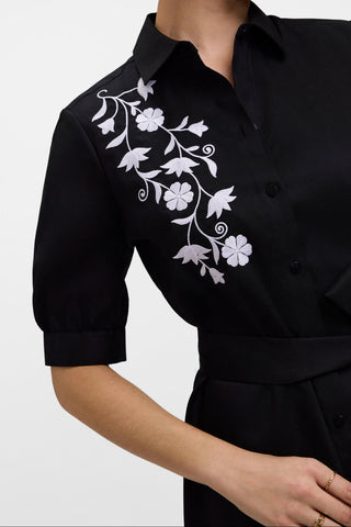 Close up of the floral embroidered feature in the top corner of the Esther Plus Floral Embroidery Elbow Sleeve Dress