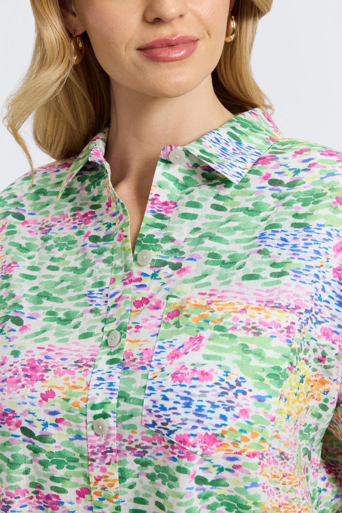 Abigail Plus Linen Impressionist Floral Short Sleeve Shirt