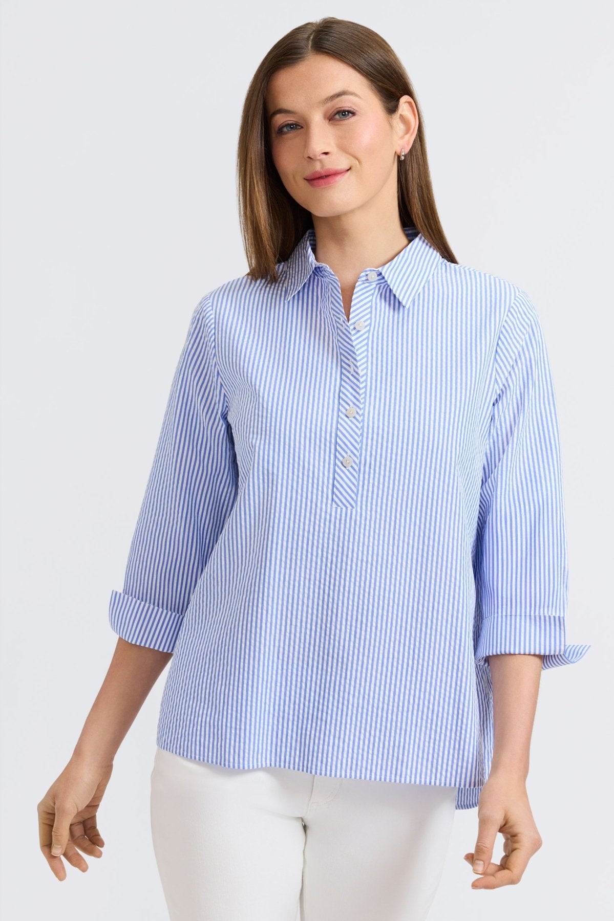 Therese Seersucker Thin Stripe 3/4 Sleeve Popover Shirt