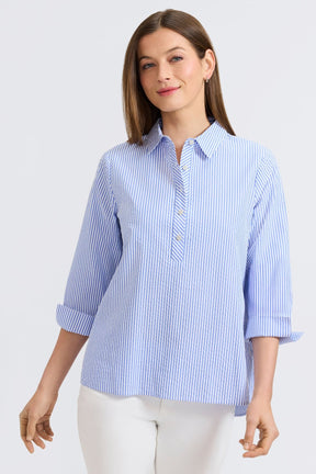 Therese Seersucker Thin Stripe 3/4 Sleeve Popover Shirt