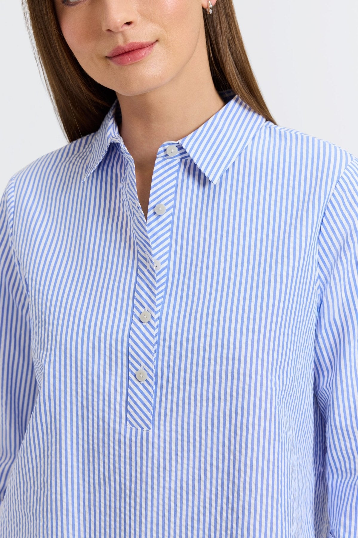 Therese Seersucker Thin Stripe 3/4 Sleeve Popover Shirt