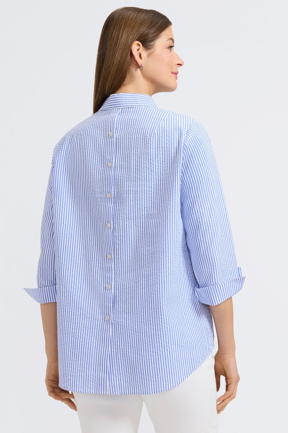 Therese Seersucker Thin Stripe 3/4 Sleeve Popover Shirt