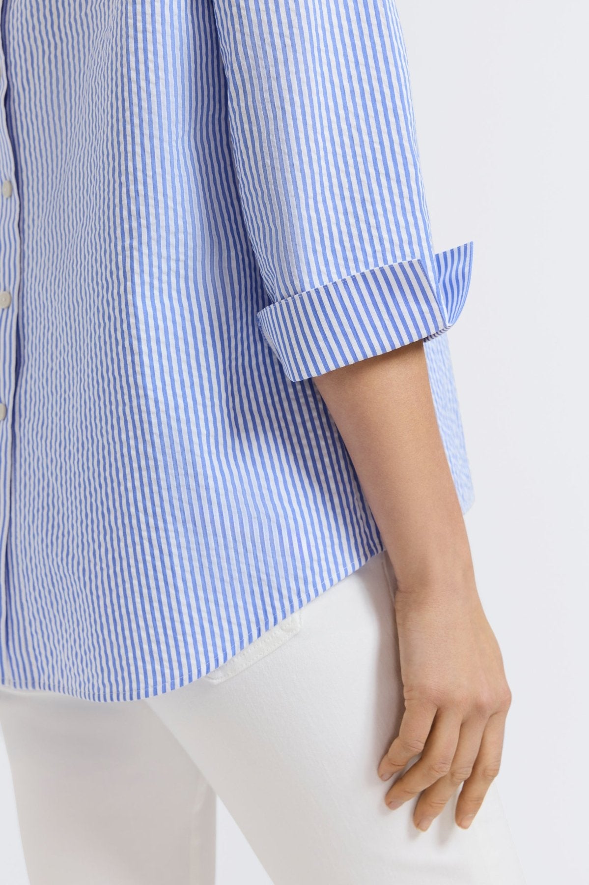 Therese Seersucker Thin Stripe 3/4 Sleeve Popover Shirt