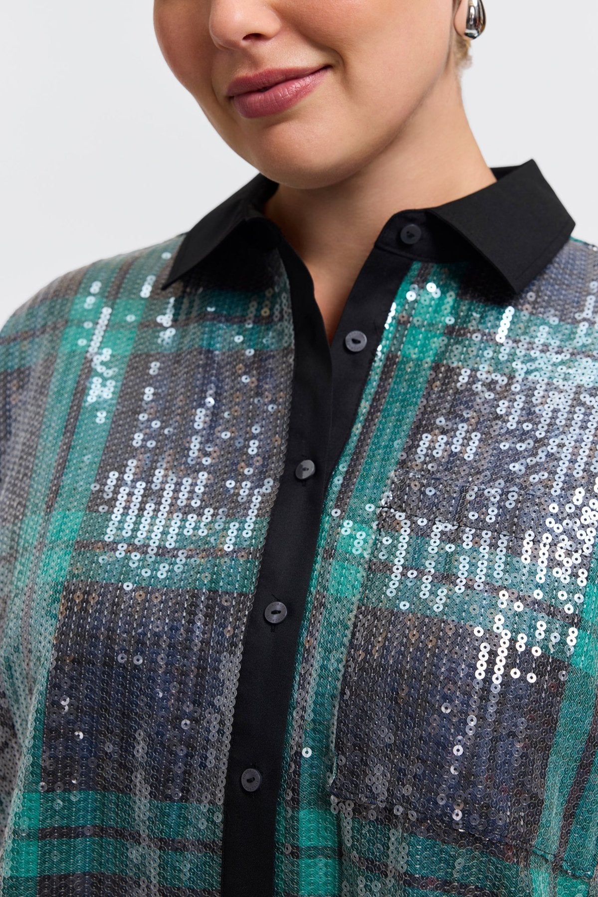 Marina Plus Sequined Long Sleeve Short Shirt