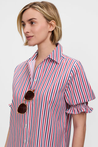 Close up of the collar and textured sleeves of the Vivienne Tricolor Classic Elbow Sleeve Shirt