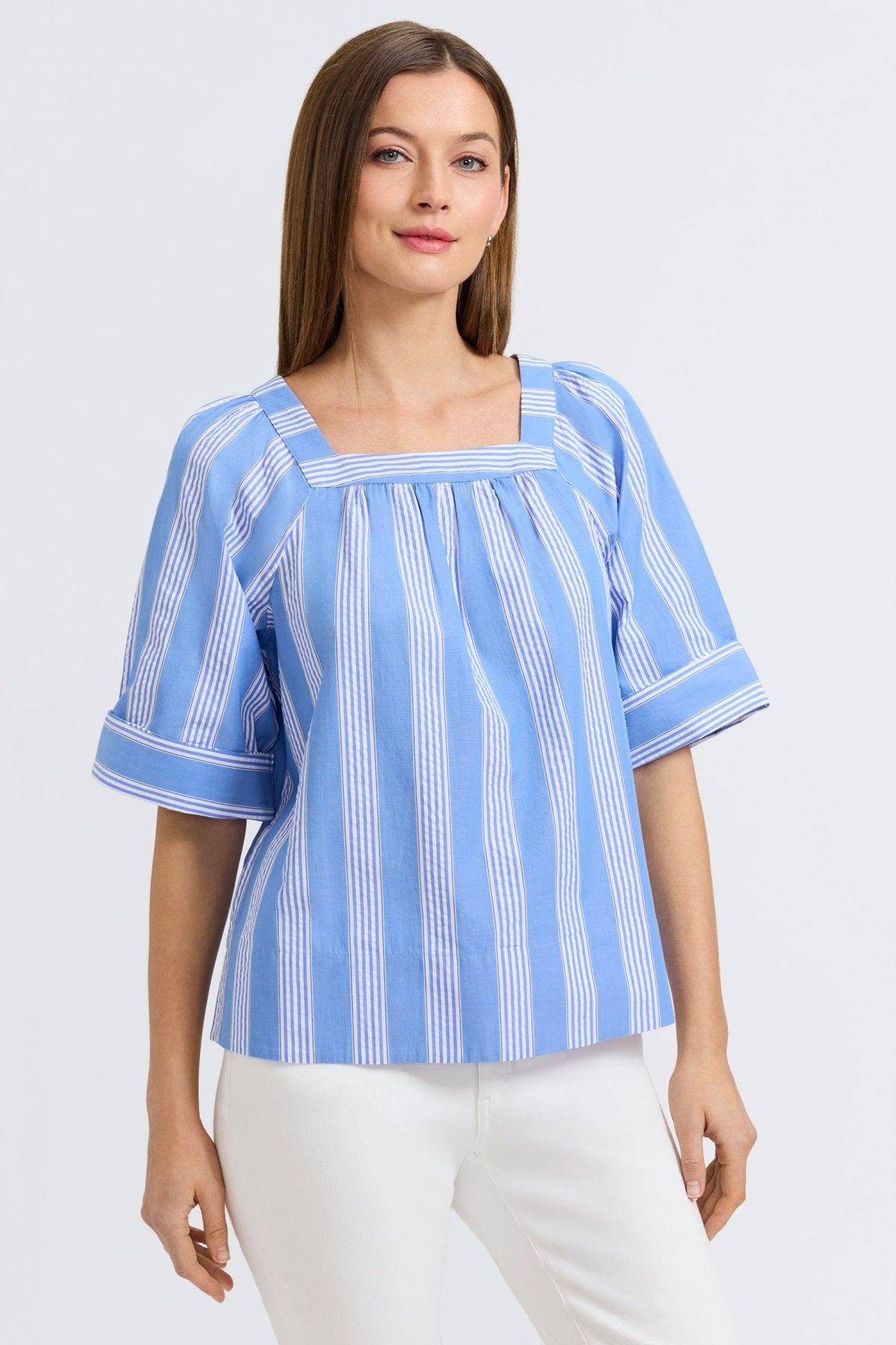 Violet Seersucker Variegated Stripe Elbow Sleeve Popover Shirt