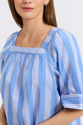 Violet Seersucker Variegated Stripe Elbow Sleeve Popover Shirt