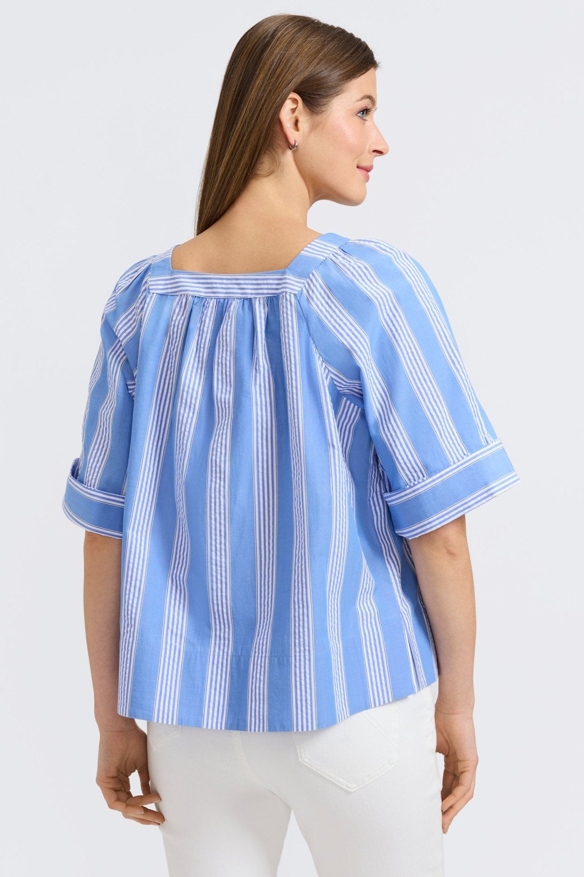 Violet Seersucker Variegated Stripe Elbow Sleeve Popover Shirt