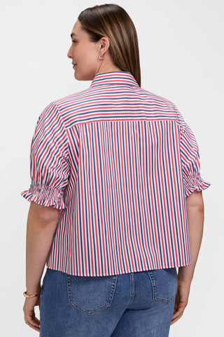 Back view of the Vivienne Plus Tricolor Classic Elbow Sleeve Shirt and it's contrasting stripes 