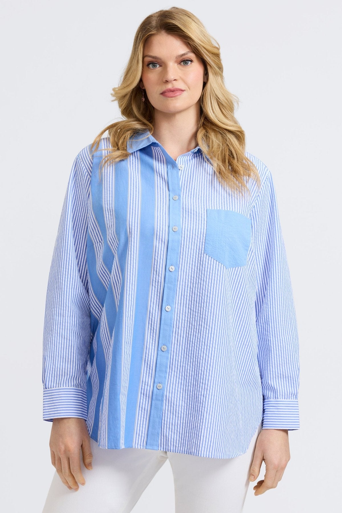 Boyfriend Plus Seersucker Mixed Stripe Long Sleeve Tunic