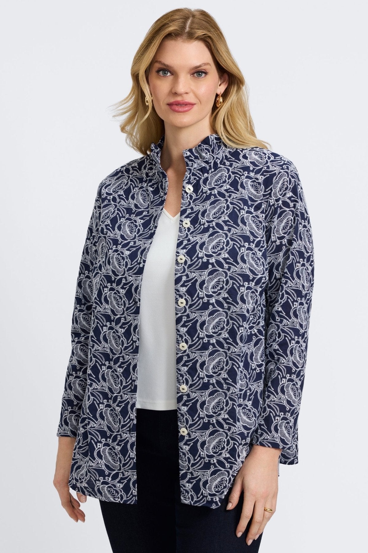 Carolina Plus Floral Allover Eyelet Long Sleeve Shirt Jacket