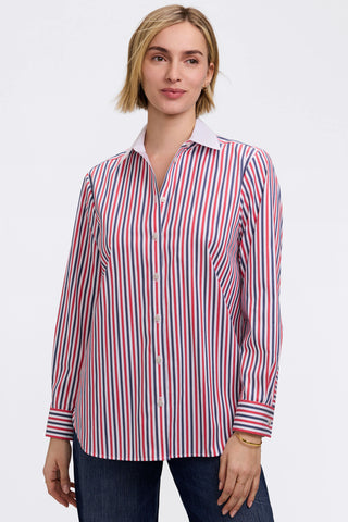 Front view of the contrasted stripes of the Boyfriend Petite Tricolor Classic Long Sleeve Shirt