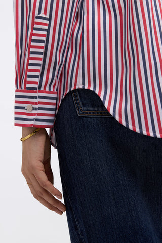 Close up of the contrasting striped cuff and the side cut of the Boyfriend Petite Tricolor Classic Long Sleeve Shirt 